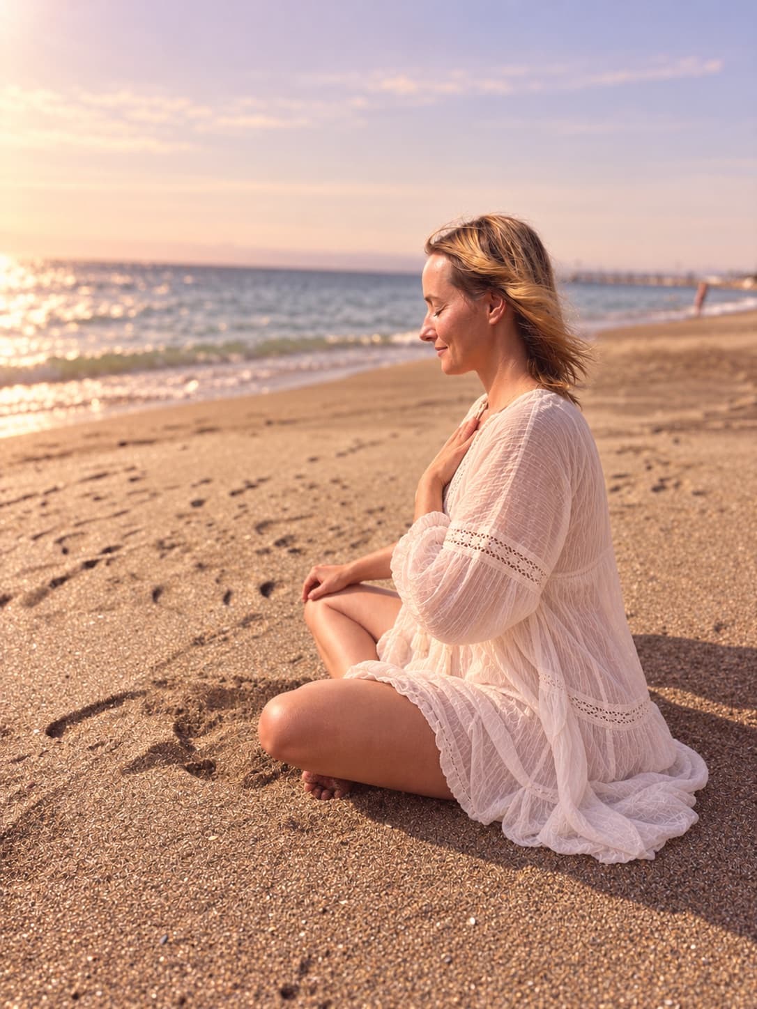 Christina Ribel meditating on the sand